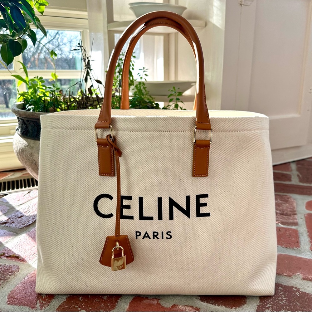 CELINE Horizontal Cabas Tote Hand Bag, Canvas Calf Skin, White,  DISCONTINUED